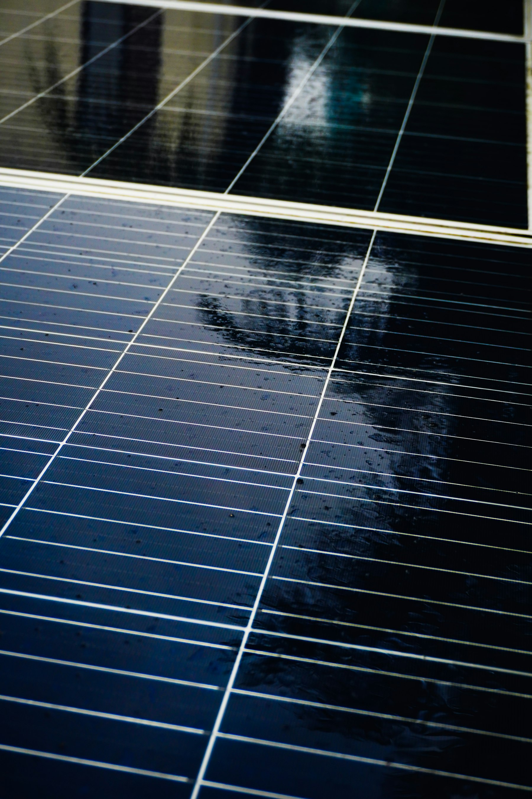 Freshly washed solar panels reflecting the sky